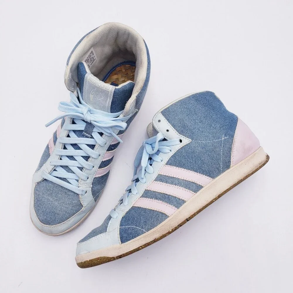 Adidas reGround Grum Hi-Top Sneaker Blue Lace Up Pink Stripe Women's Size‎ 10